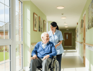 neurological patient being pushed in wheelchair